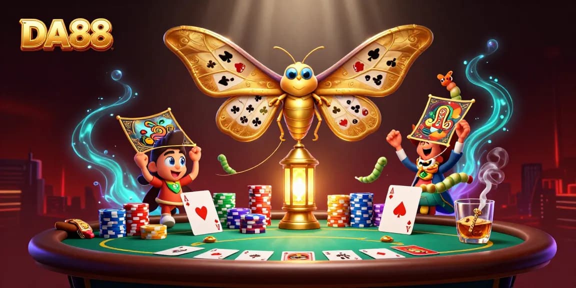 DA88 features a vibrant scene showcasing poker elements with a golden moth, enhancing the gambling experience.
