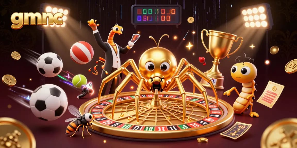 Bettors embrace gmnc's dynamic casino scene, with a golden spider spinning a roulette wheel web and a centipede croupier.