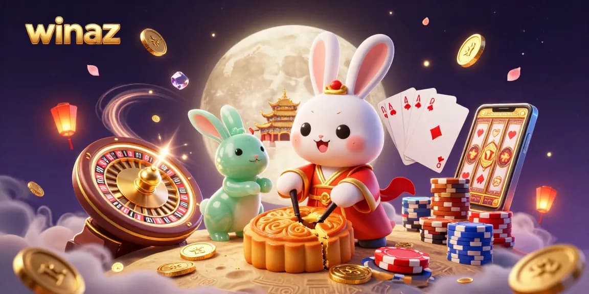 winaz casino scene with a moon rabbit, poker chips, and cascading coins in 3D