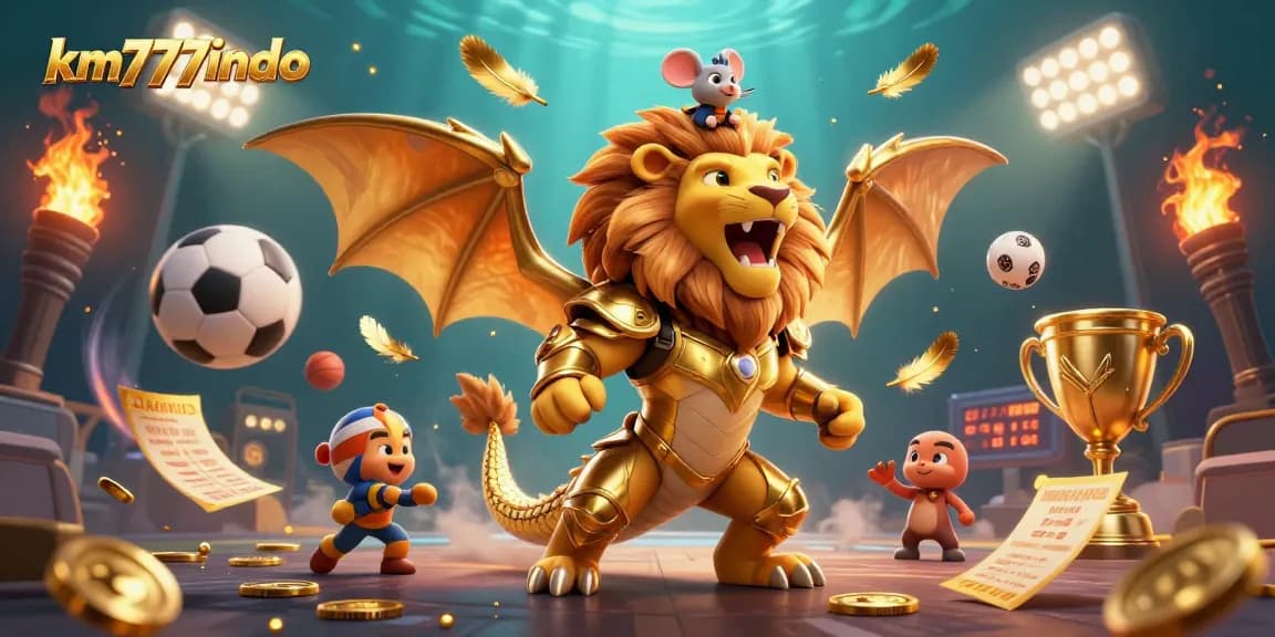 Win big with km777indo in a vibrant, action-packed 3D casino scene featuring dynamic sports elements.