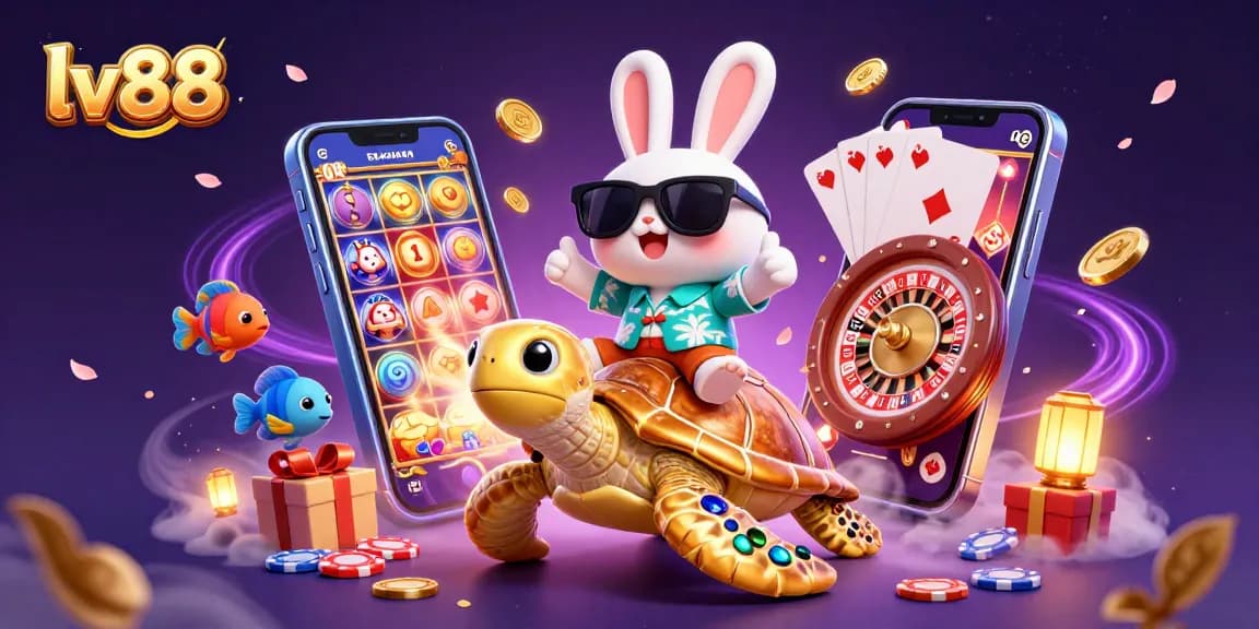 Spin and win at lv88 with a lucky rabbit and a golden sea turtle in a vibrant casino scene.