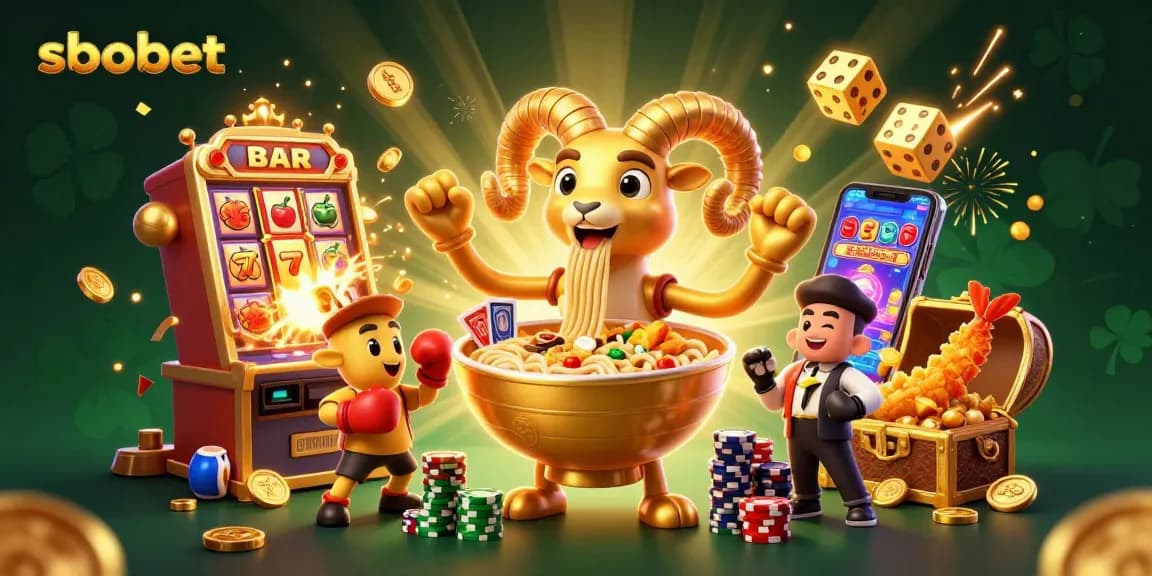 Experience sbobet with vibrant gaming elements, showcasing a 3D animated casino scene filled with joy.