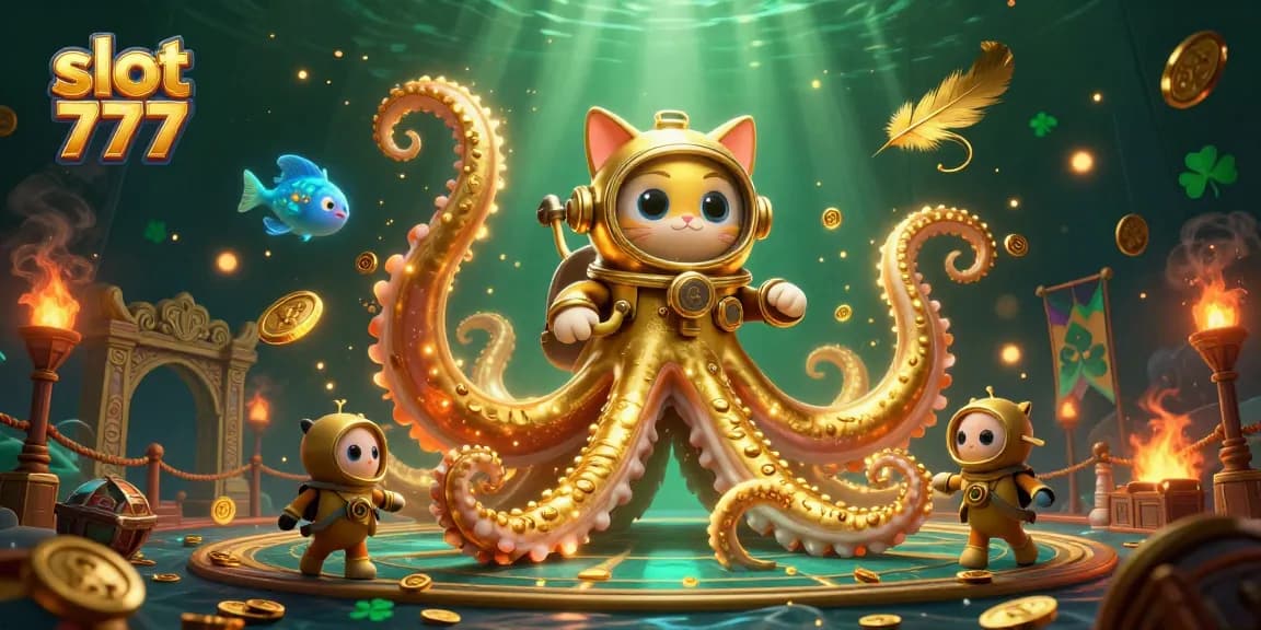 Permainan slot 777 menampilkan karakter kraken 3D yang megah dan kucing penyelam di dunia kasino yang memukau.