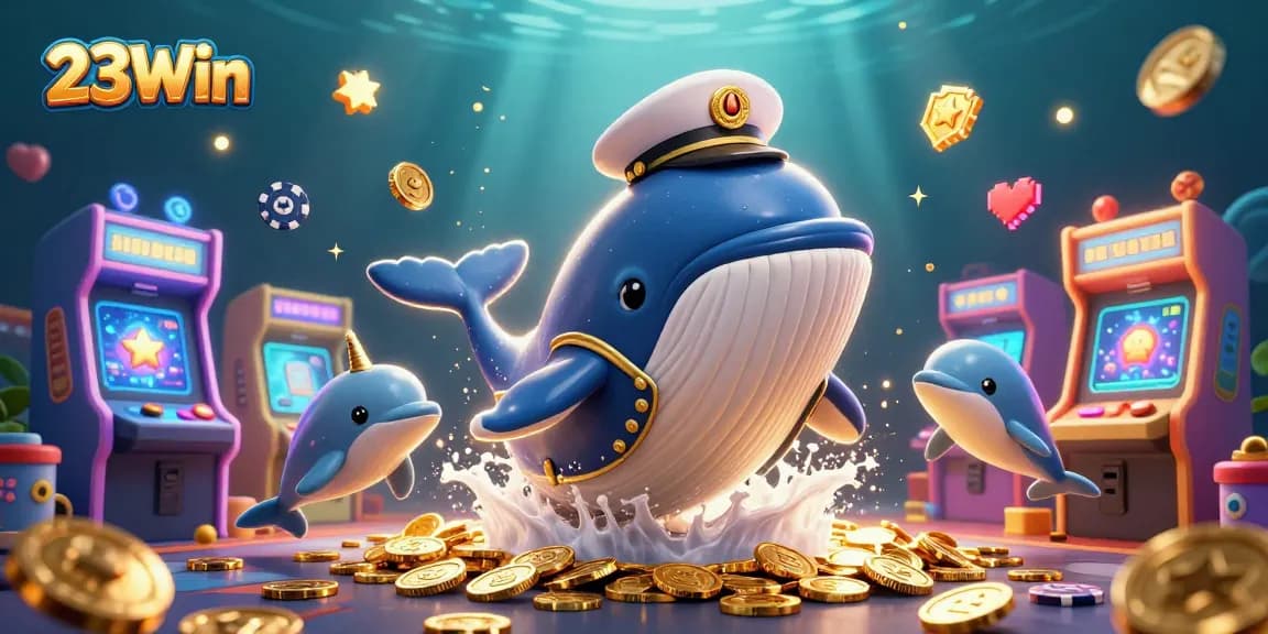 Join the fun at 23Win with our vibrant gaming scene featuring playful whales and poker chips!