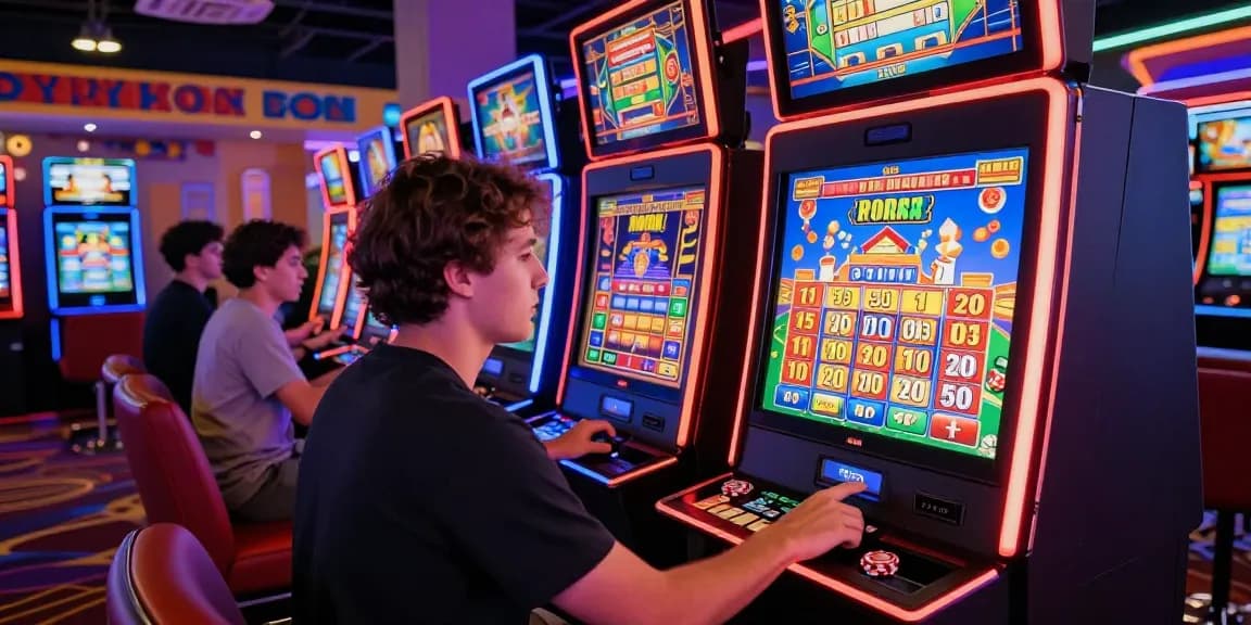 situs judi slot online player intensely engaged at a vibrant slot machine in an exciting casino atmosphere