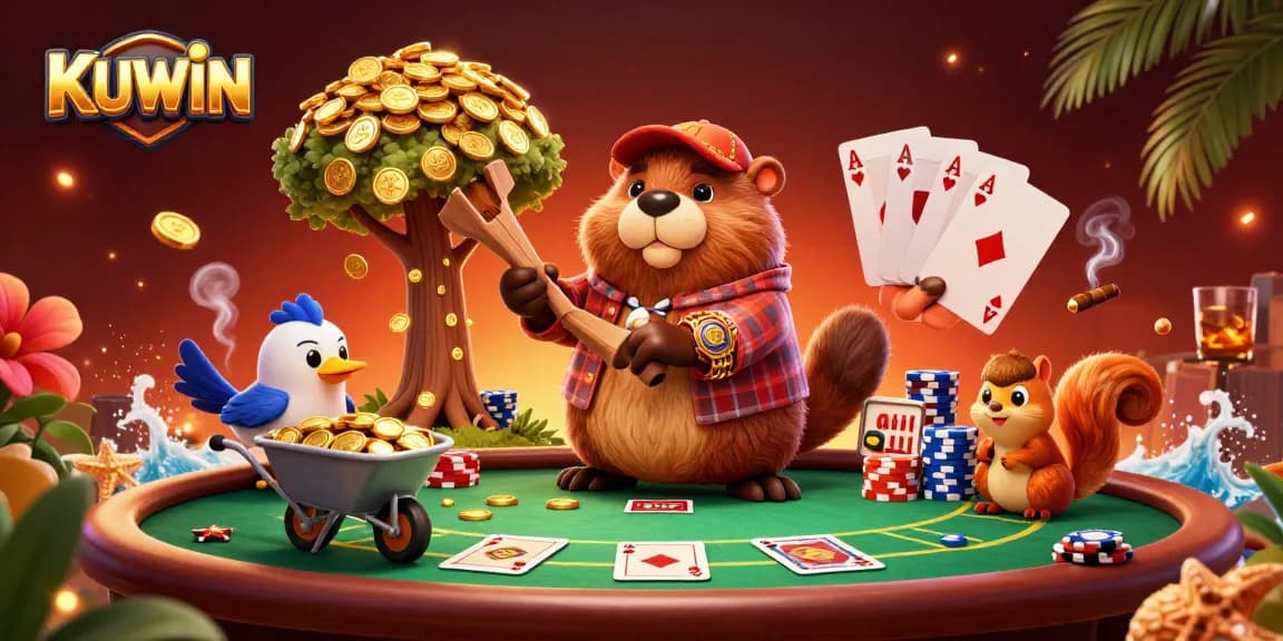 Experience excitement with KUWIN in this vibrant casino scene full of characters and poker elements.