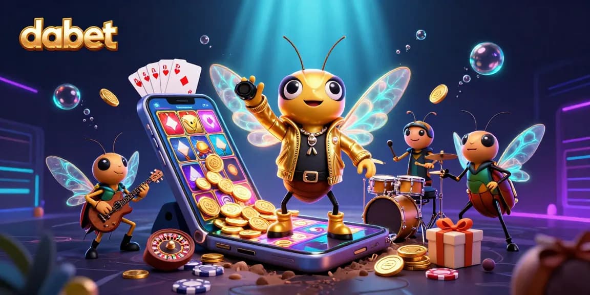 dabet casino scene featuring a cicada rock star and beetle drummer with vibrant slot game elements.