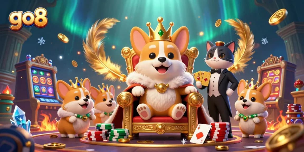 Join the excitement at go8 with vibrant casino scenes featuring royal corgi characters amidst thrilling gameplay.