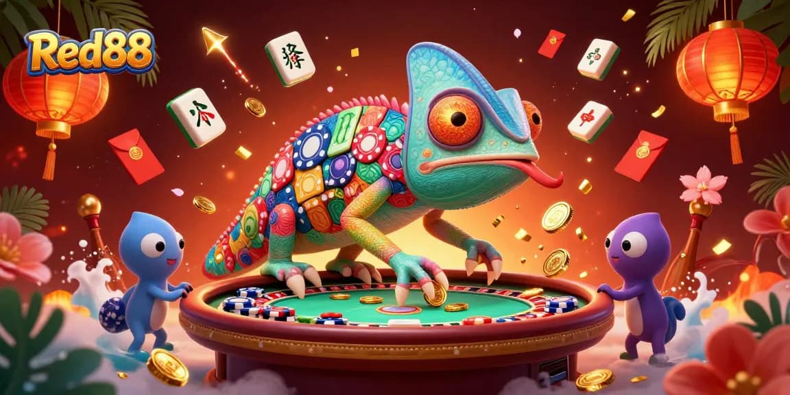 Experience the excitement of Red88 with this stunning illustration of a colorful chameleon casino owner in a dynamic gaming setting.