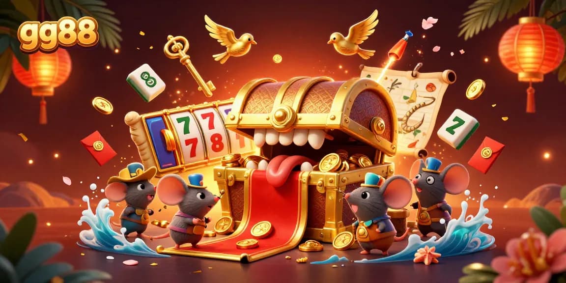 Spin to win with gg88 at this vibrant online casino scene featuring treasure chests and gaming excitement.