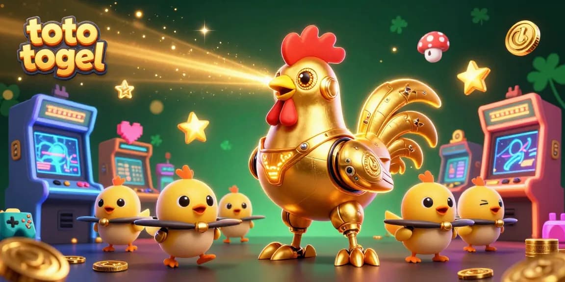 Engage in thrilling toto togel gameplay with a golden rooster robot and chick drones in a vibrant casino scene