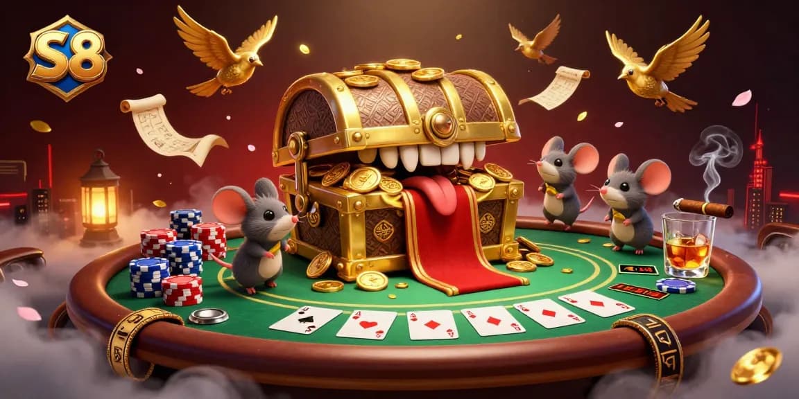 Engage in S8's thrilling casino adventure with a vibrant treasure chest, poker elements, and festive lighting.