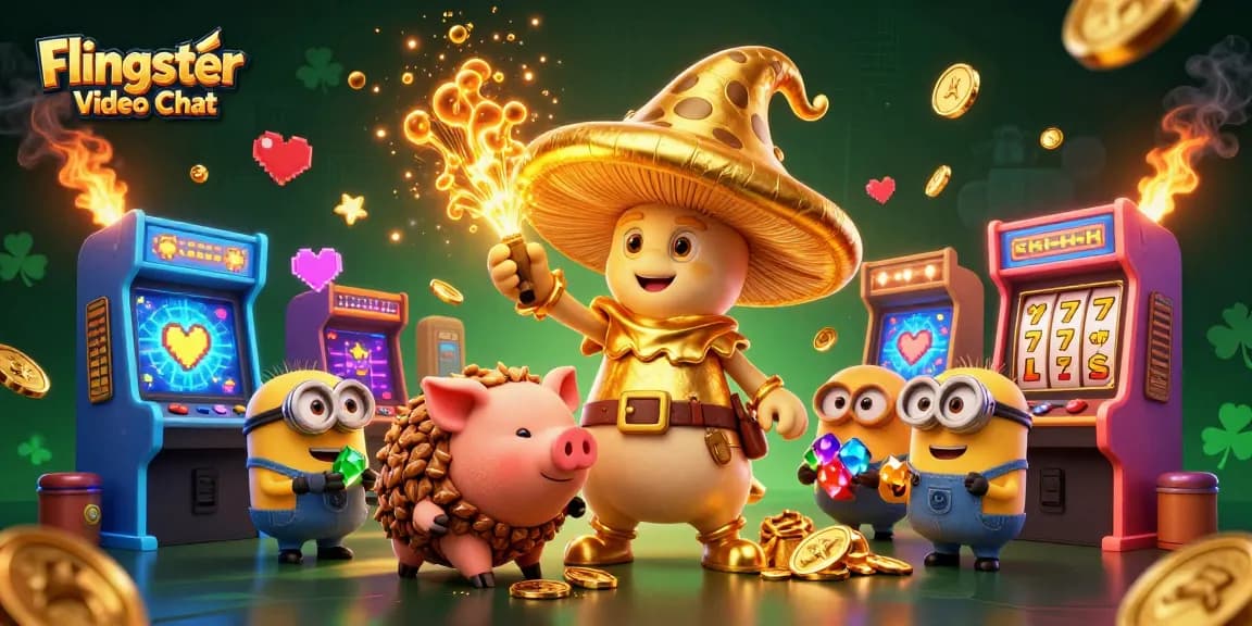 Engage in Flingster Video Chat with lively characters and vibrant gaming elements amidst thrilling casino visuals.