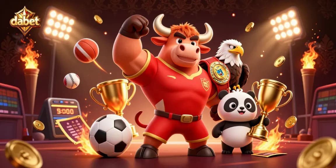 Dabet features a dynamic scene with characters celebrating victory in sports and gaming.
