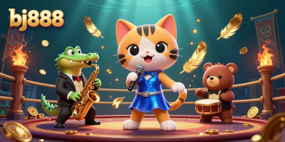 Experience the vibrant bj888 gaming world with a lively illustration featuring a jazz-singer cat, crocodile, and bear cub.