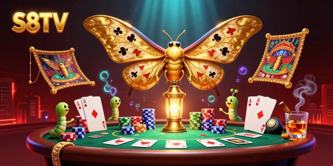 S8TV showcases a vibrant 3D illustration with a golden moth amidst casino elements, embodying gambling excitement.