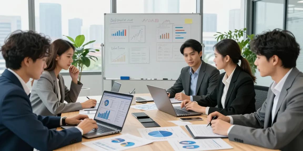 Apply for merchant cash advance in a collaborative financial services office with a diverse team analyzing data.