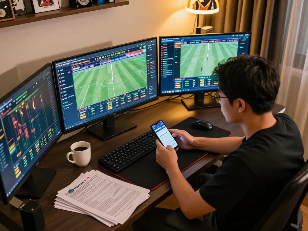 Engaging moment of a gamer checking keonhacai tv while analyzing live sports betting odds