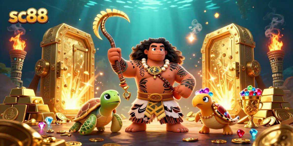 Experience the sc88 thrill with the Maui-style hawk and turtle in a treasure-laden casino adventure.