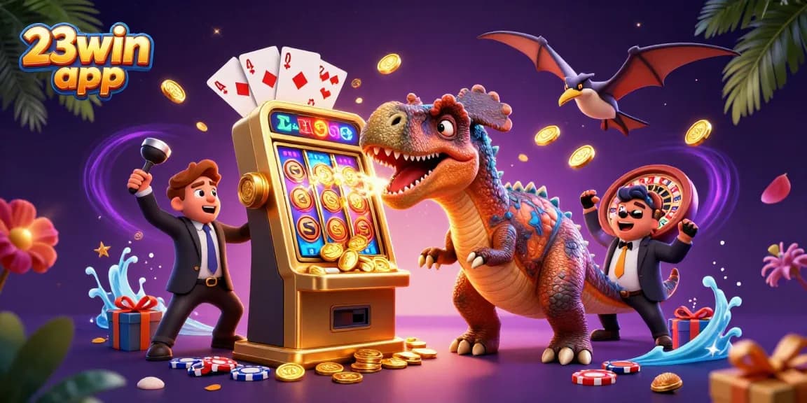 Experience the thrill of the 23win app with cartoon characters around a golden slot machine in action.