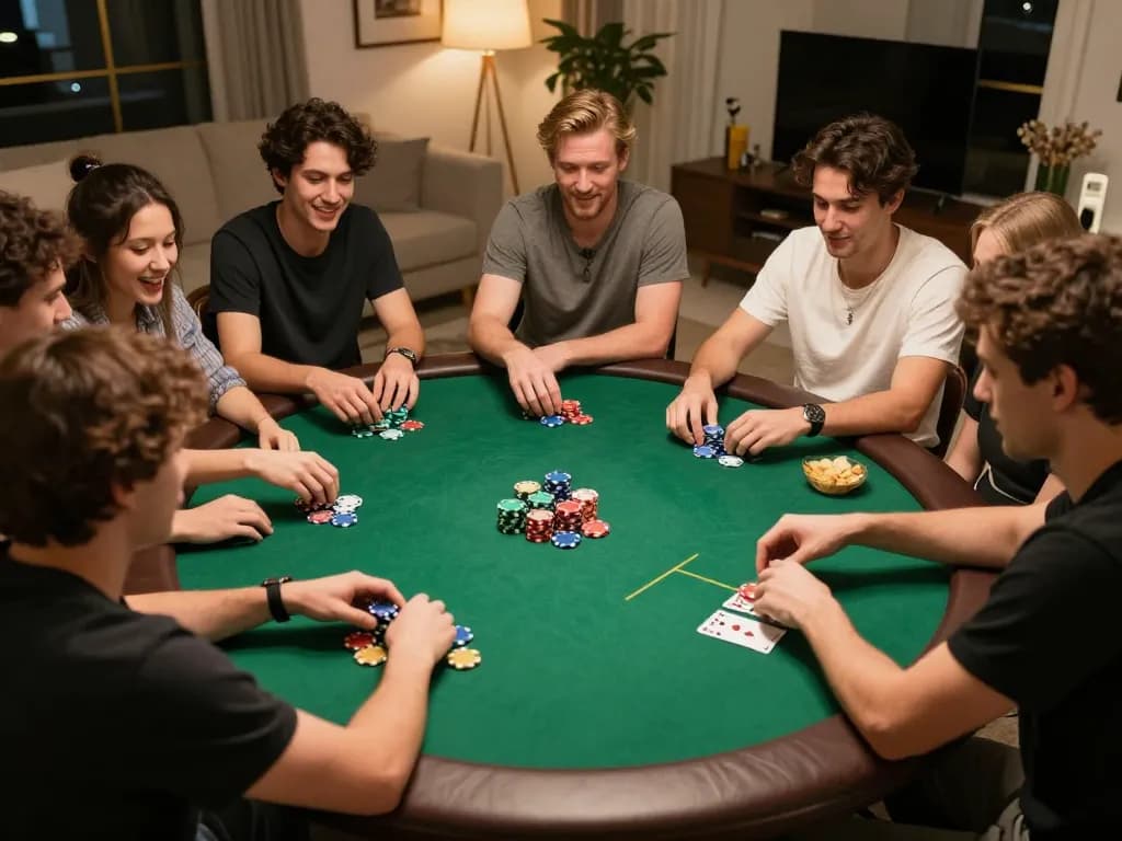 Friends enjoying a lively poker night at home, engaging in gameplay while using nowgoal for betting insights.