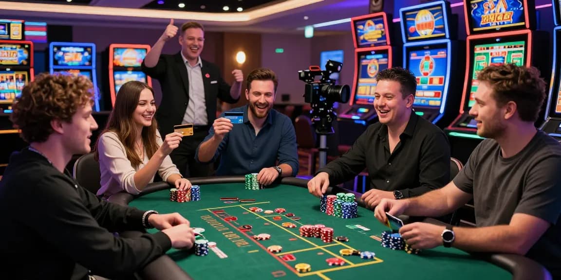 Exciting scene of players at credit card casinos UK celebrating wins with diverse payment options at lively gaming tables.