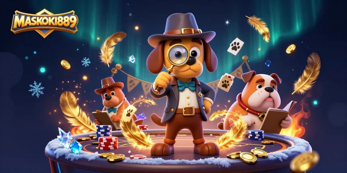 Experience exciting gameplay at MASKOKI889 with a detective uncovering treasures at a vibrant casino
