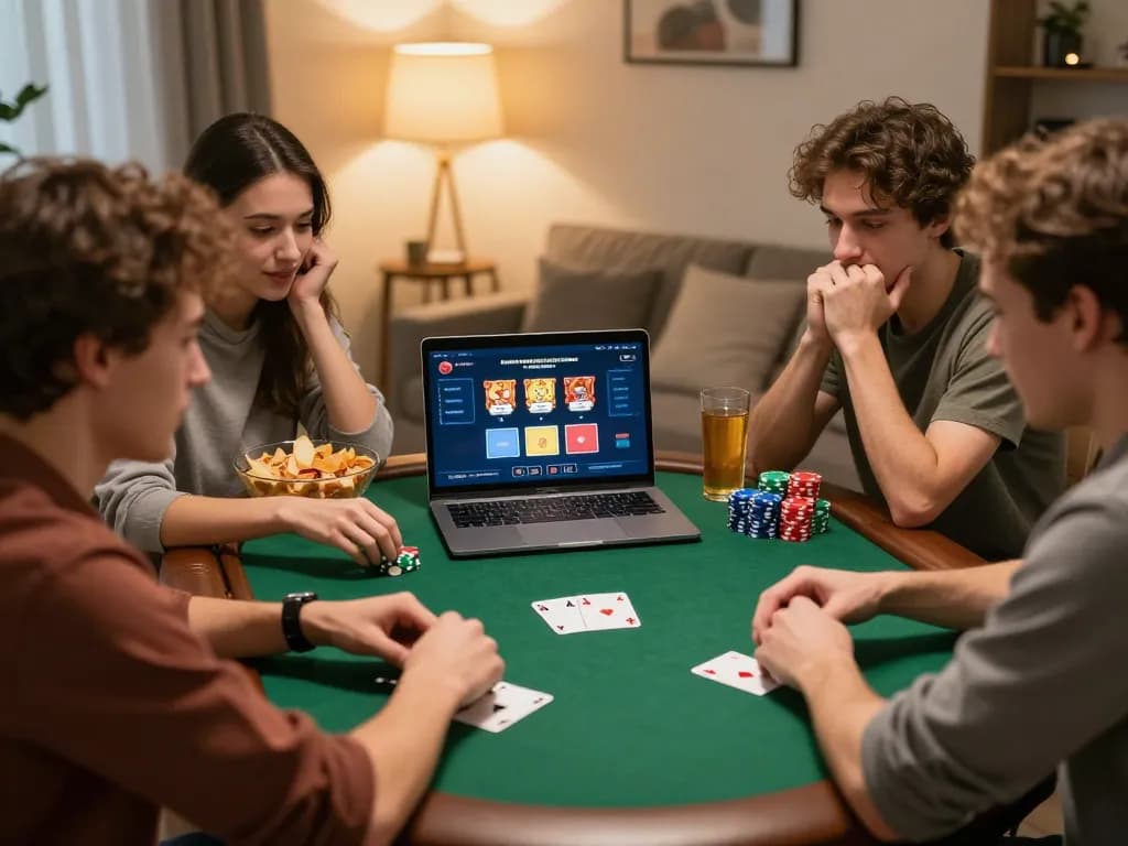 Friends enjoying an exciting poker game with tr88 at home, showcasing chips and digital cards on laptop