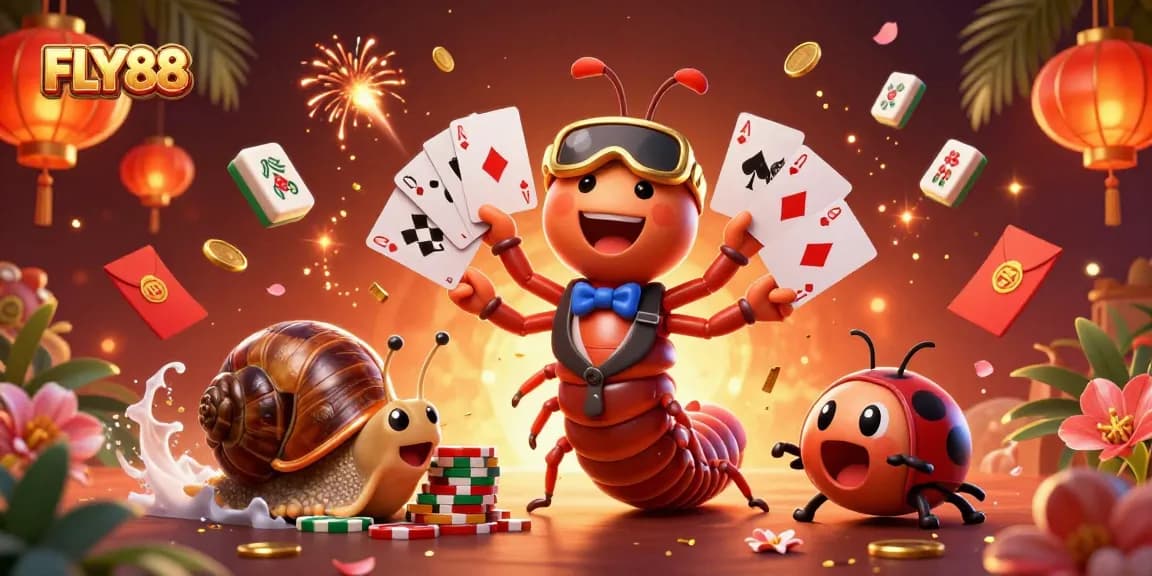 Engage with FLY88's lively casino atmosphere featuring a millipede dealer, vibrant game elements, and excitement all around.