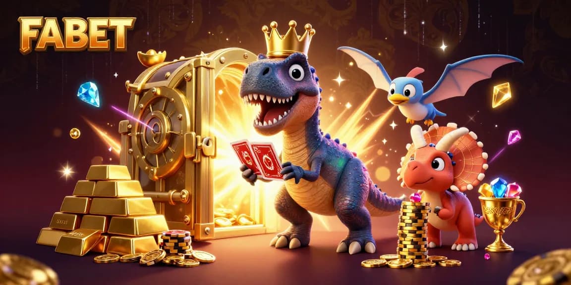 FABET gaming scene with T-Rex shuffling cards, neon lights, and rich casino elements.