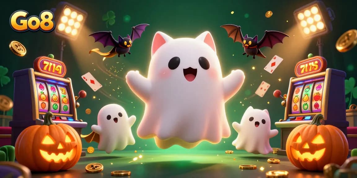 Win big at Go8 casino with a ghost cat and floating slot machines in a haunted mansion.