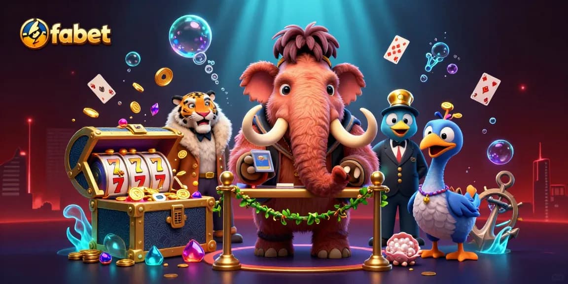 Engage with fabet at a vibrant casino scene featuring rows of slot reels and colorful characters.