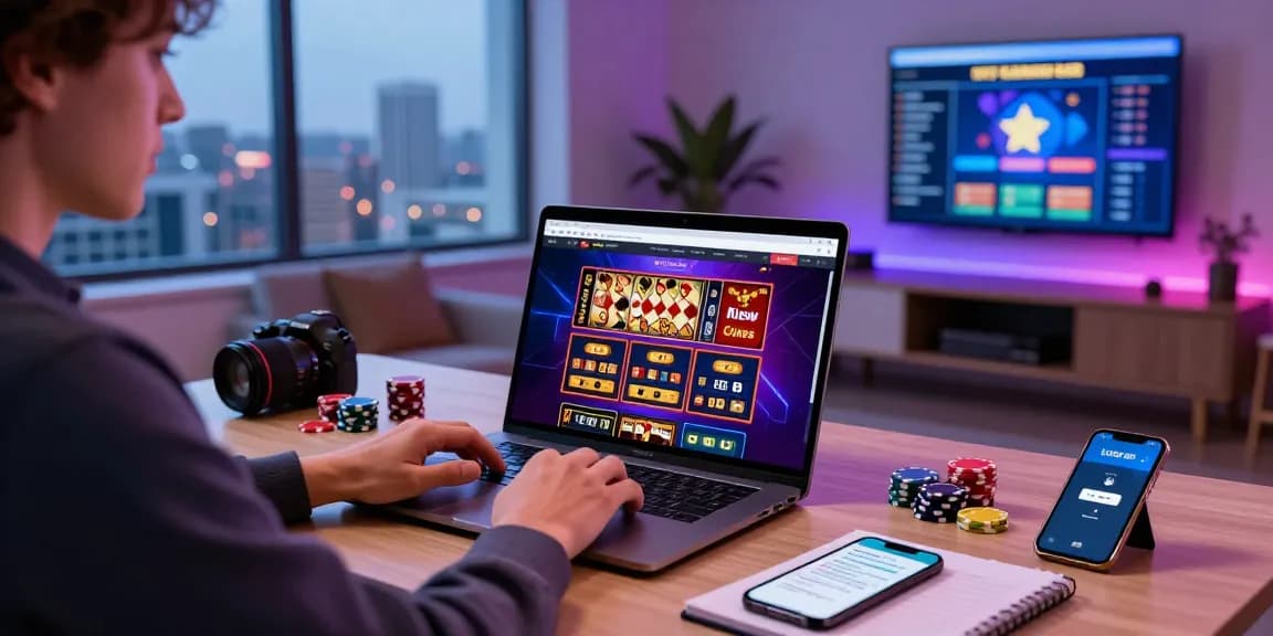 Engaging scene of a player exploring mastercard casinos in a stylish home office with vibrant gaming elements.