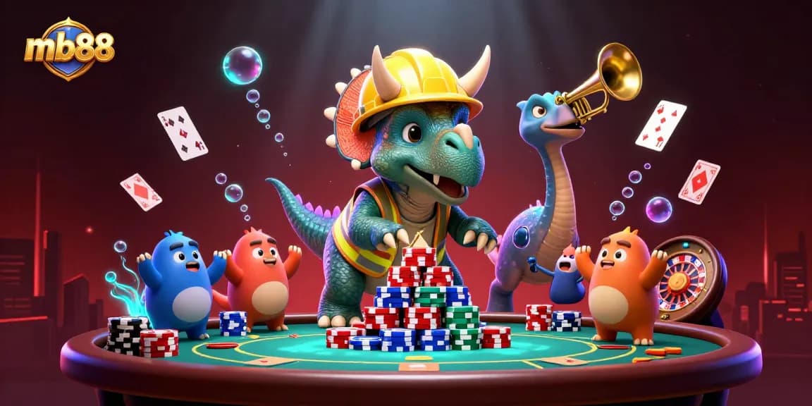 Join the excitement at mb88 with a triceratops and friends surrounded by poker games and vibrant casino themes.