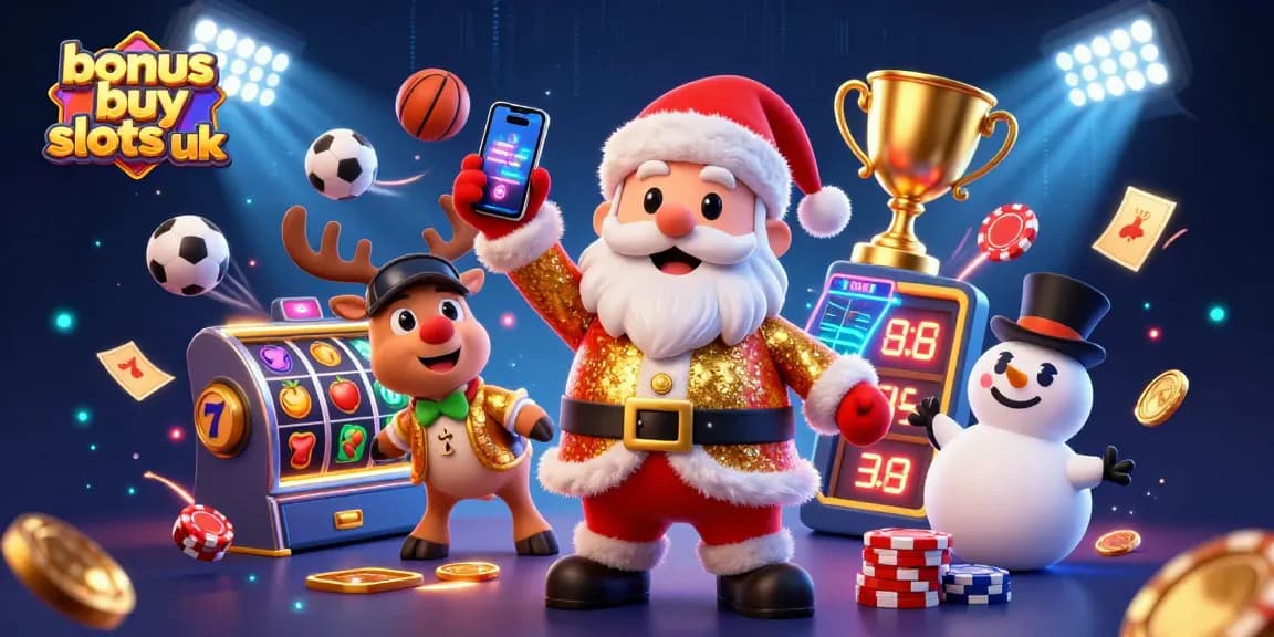 Experience the excitement of bonus buy slots uk with Santa and his friends in a vibrant casino scene.