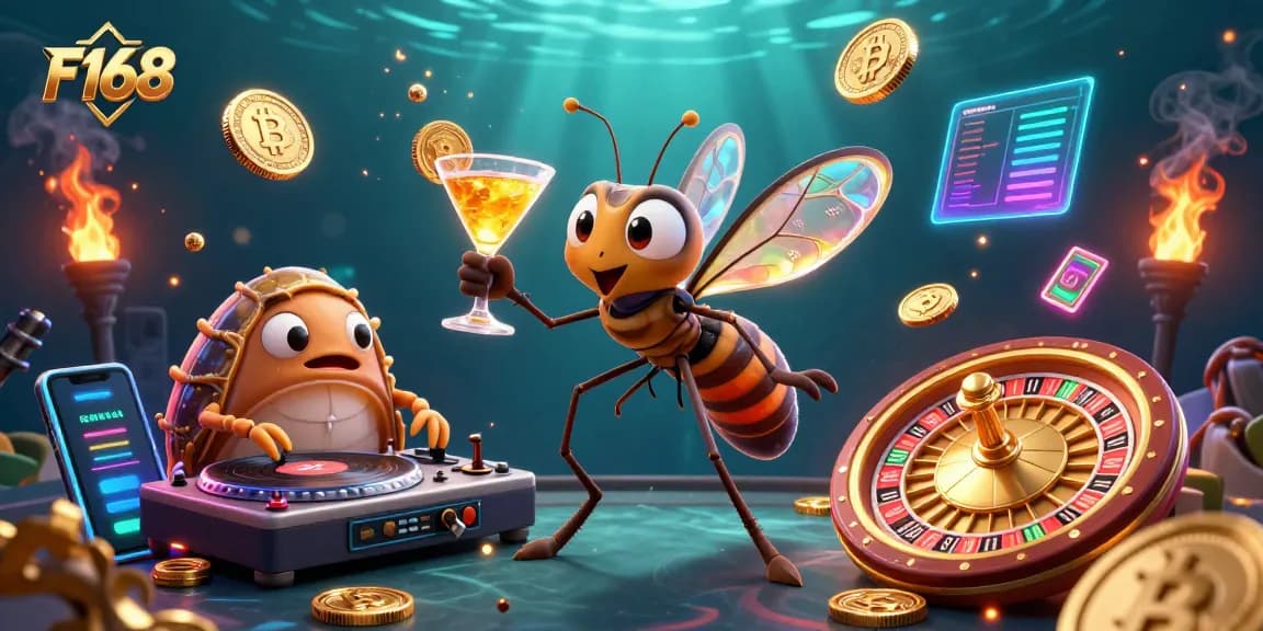 Engage with F168’s high-stakes gaming experience featuring vibrant casino elements and characters.