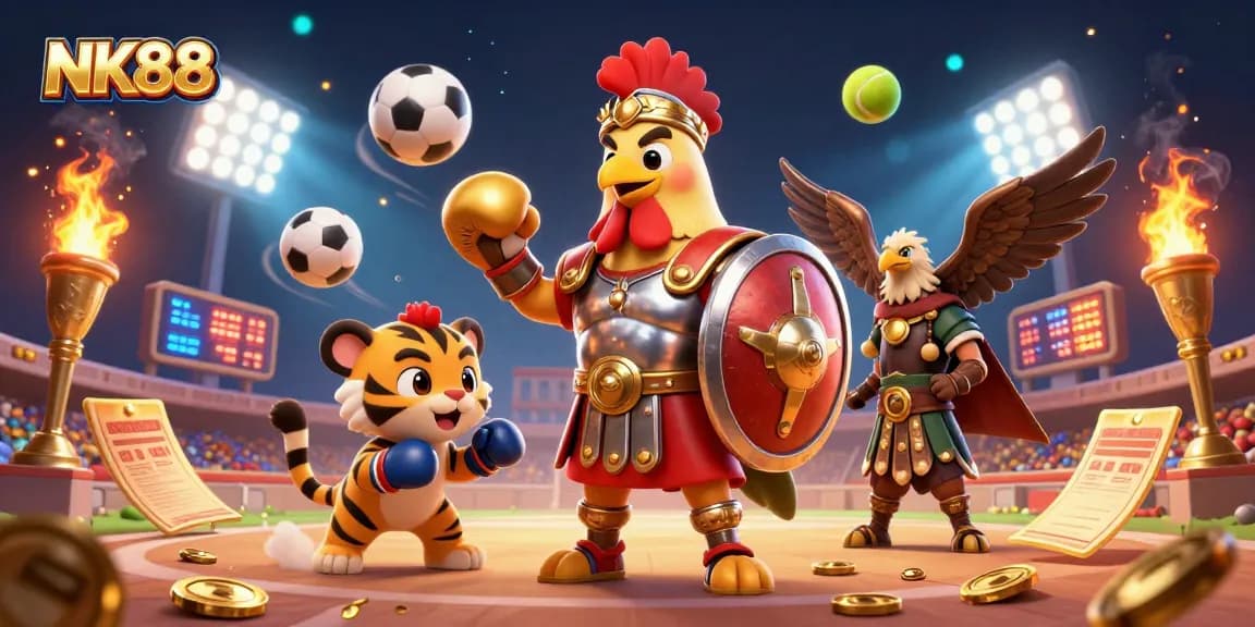 Game dynamic with NK88 featuring a gladiator rooster, tiger cub, and eagle in a vibrant scene.