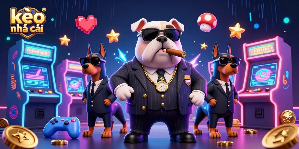 Engage with kèo nhà cái in a vibrant 3D casino scene featuring a mafia bulldog and Dobermann bodyguards amidst arcade game elements.