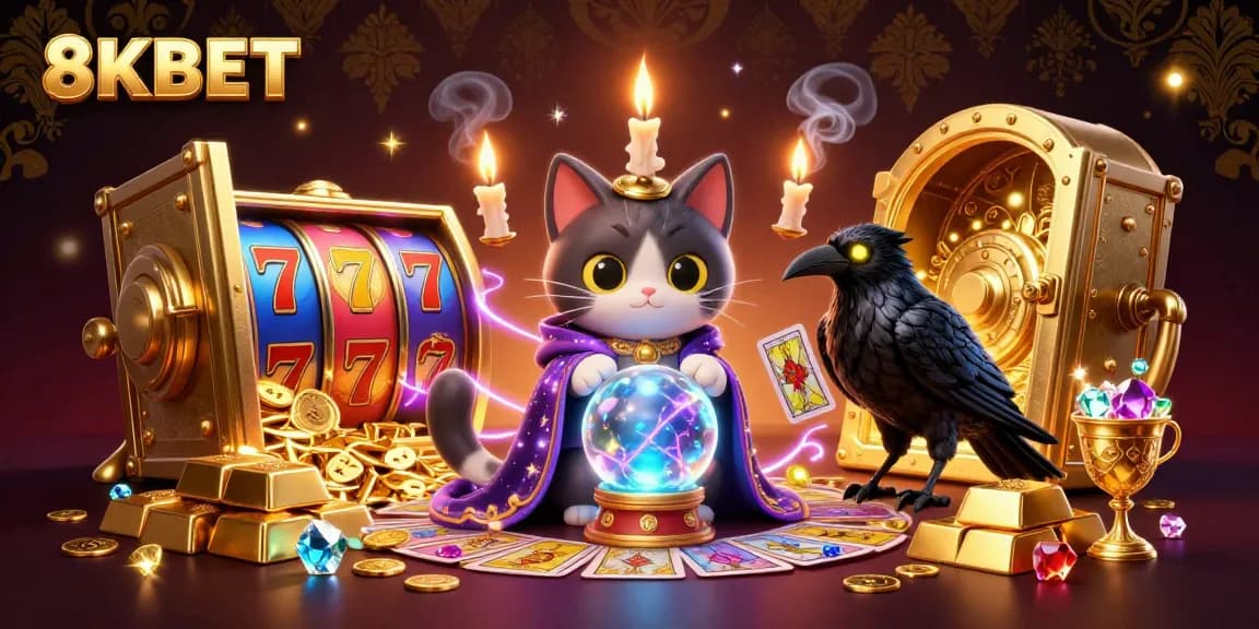 Experience the magic at 8KBET with vibrant slot reels and treasures illuminating captivating casino offerings.