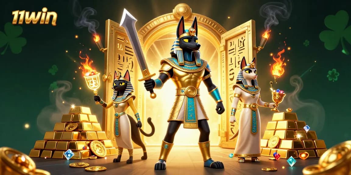 Engage with thrilling 11WIN casino adventures featuring Anubis and Bastet amidst treasures.