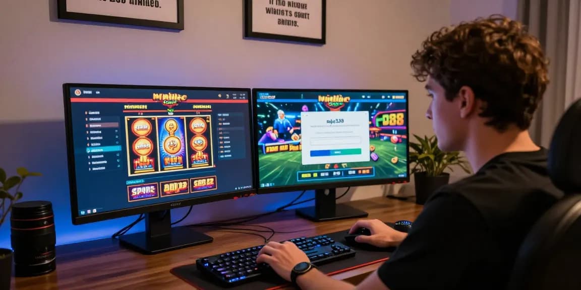 Engaging scene of online gaming with individual preparing to login raja328, showcasing gaming monitors and vibrant graphics