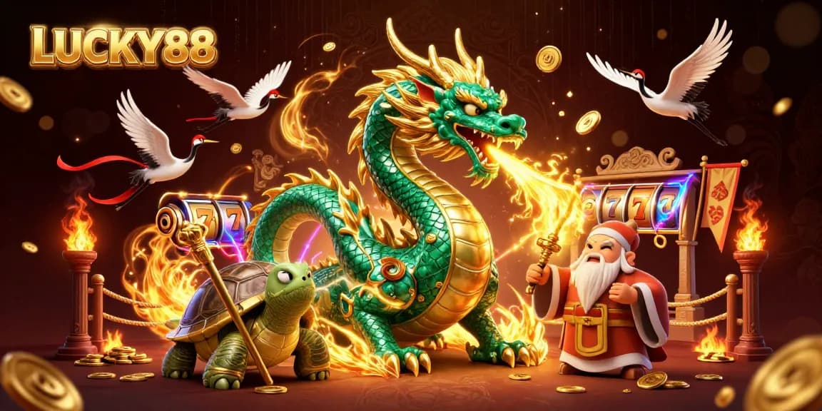 LUCKY88 slot gameplay featuring a jade dragon, turtle sage, and lucky cranes amidst vibrant casino elements.