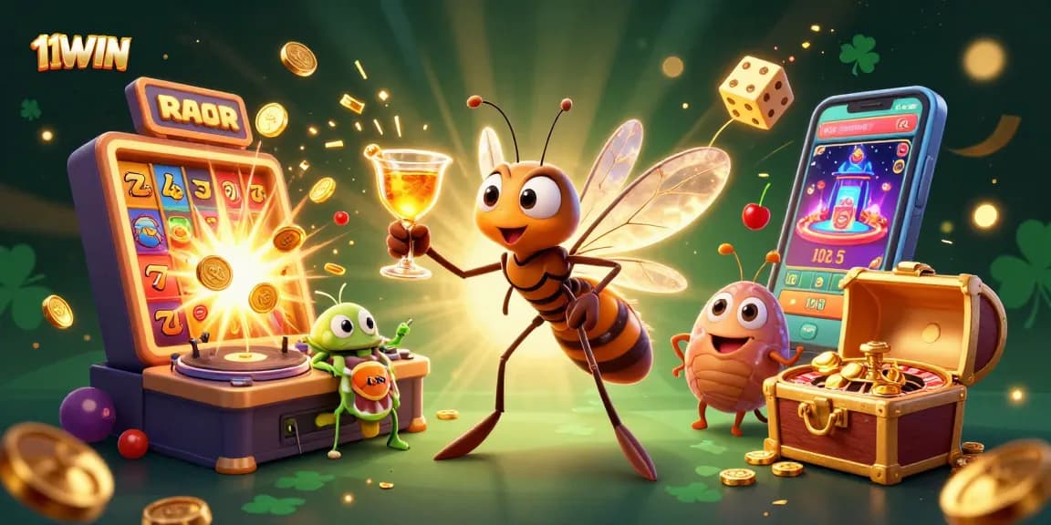 Engage with 11WIN at a vibrant casino scene featuring vivid characters and dynamic games.