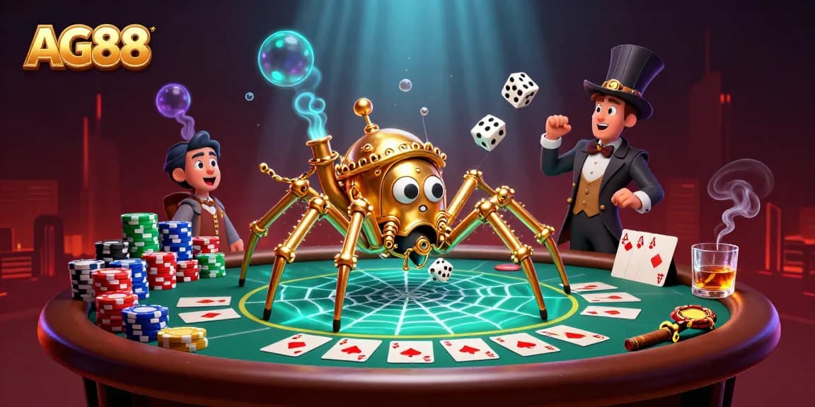 AG88 enhances the thrill of poker with a steampunk spider and charming fly in a vibrant 3D scene.