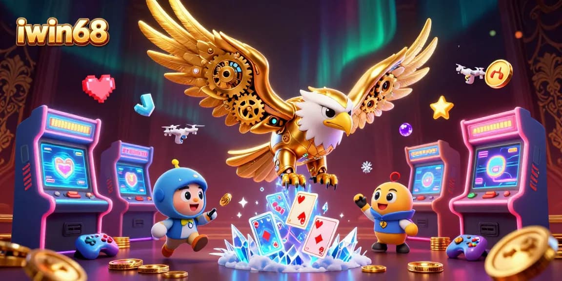 Experience iwin68's dynamic gaming world with vibrant holographic cards and interactive elements.