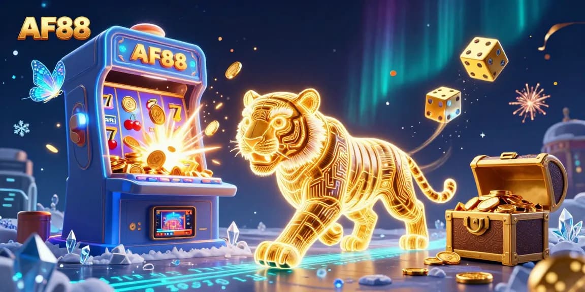 A 3D illustration showing the AF88 casino environment, featuring a neon tiger and vibrant game elements, symbolizing exciting betting.