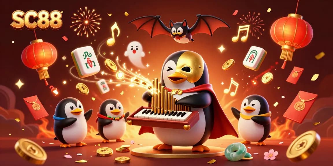 Engage with SC88's vibrant casino world, featuring a penguin organist and acrobat amid festive symbols.