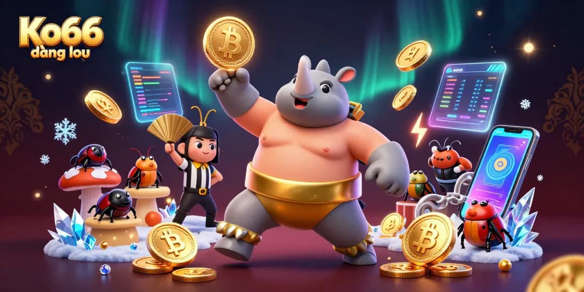 Experience Ko66 đăng nhập with a vibrant illustration of a beetle sumo champion amidst a dynamic casino scene.