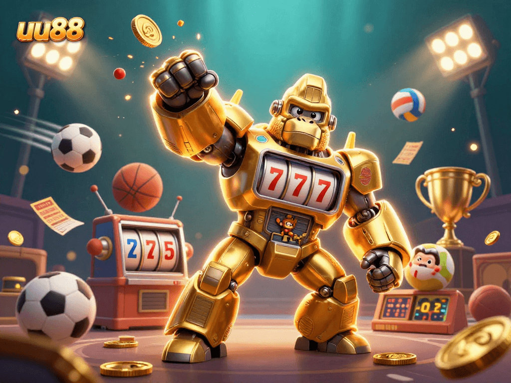 Experience thrilling gameplay with uu88's dynamic 3D cartoon casino illustration featuring a golden gorilla mech.