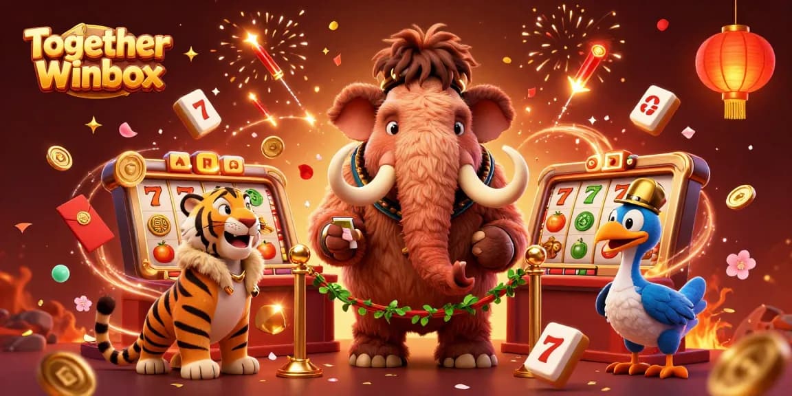 Experience the fun of Together Winbox at this vibrant cartoon-style casino scene filled with colorful game elements.